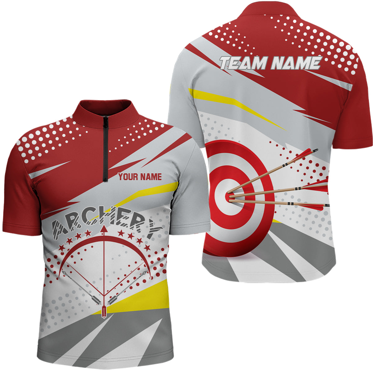 Personalized Grey Red 3D Target Archery Quarter-Zip Shirts For Men, Custom Bow Archery Team Shirts VHM0789