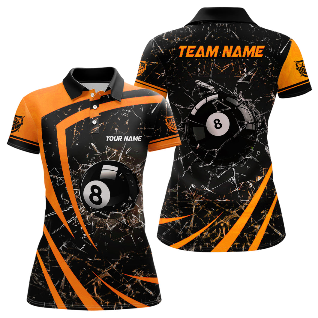 Personalized Orange Glass Break 8 Ball Billiard 3D Polo Shirts For Women, Custom 8 Ball Pool Jerseys VHM1150