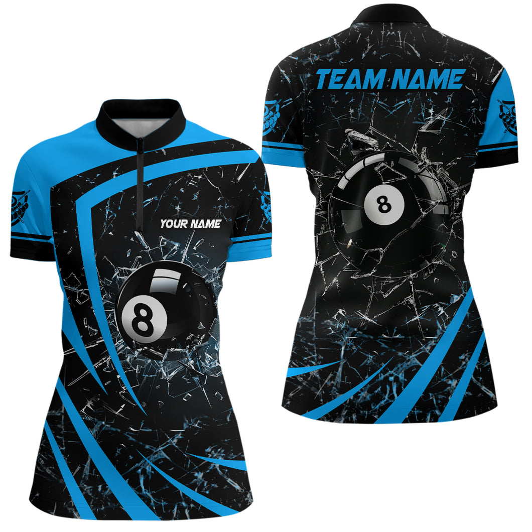 Personalized Blue Glass Break 8 Ball Billiard Quarter-Zip Shirts For Women Custom 8 Ball Pool Jerseys VHM1151