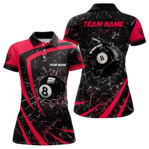 Personalized Red Glass Break 8 Ball Billiard 3D Polo Shirts For Women, Custom 8 Ball Pool Jerseys VHM1153