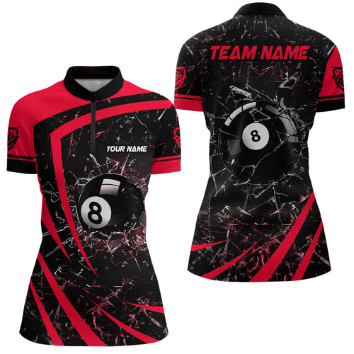 Personalized Red Glass Break 8 Ball Billiard Quarter Zip Shirts For Women Custom 8 Ball Pool Jerseys VHM1153