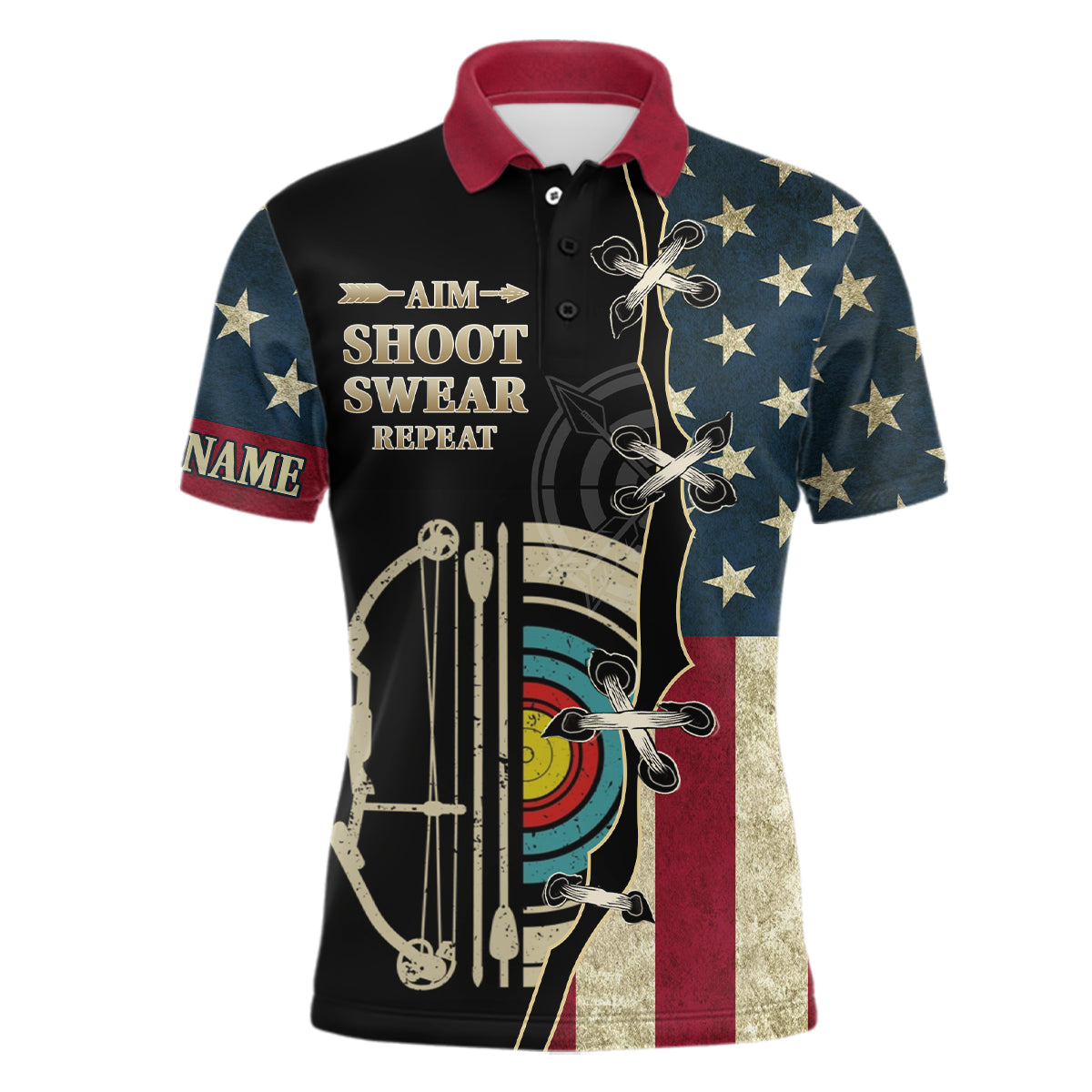 Personalized Aim Shoot Swear Repeat US Flag Archery Polo Shirts For Men Retro Target Archery Shirts VHM0660