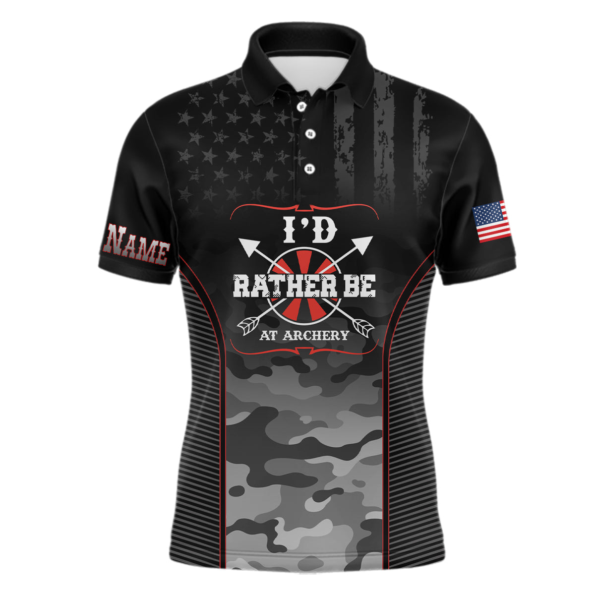 Personalized American Flag Camouflage Archery Polo Shirts For Men, Custom Name Archery Jerseys VHM0792