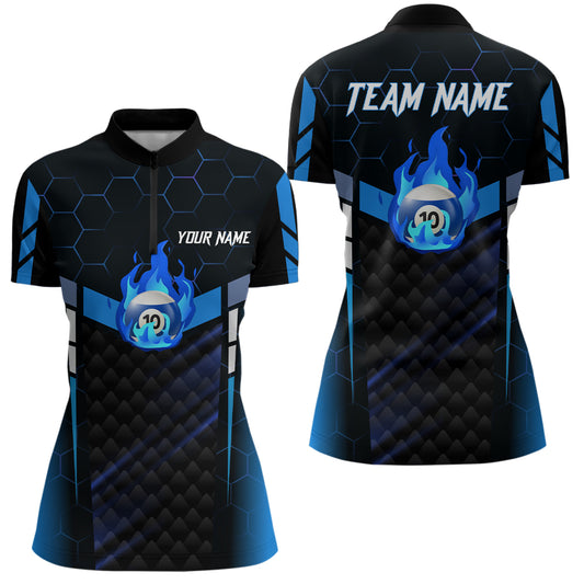 Personalized Blue Fire 10 Ball Billiard 3D Quarter-Zip Shirts For Women, 10 Ball Pool Team Jerseys VHM1022