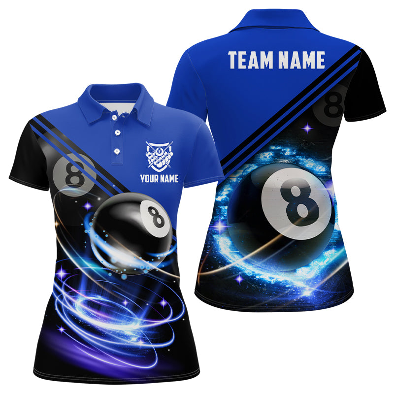 Personalized 8 Ball Billiard Blue 3D Polo Shirts For Women, Custom 8 Ball Pool Billiard Jerseys VHM0061