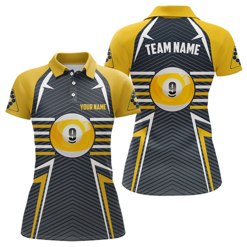 Personalized 9 Ball Pool Billiards Yellow Grey Polo Shirts For Women, Custom Pool Billiards Jerseys VHM0461