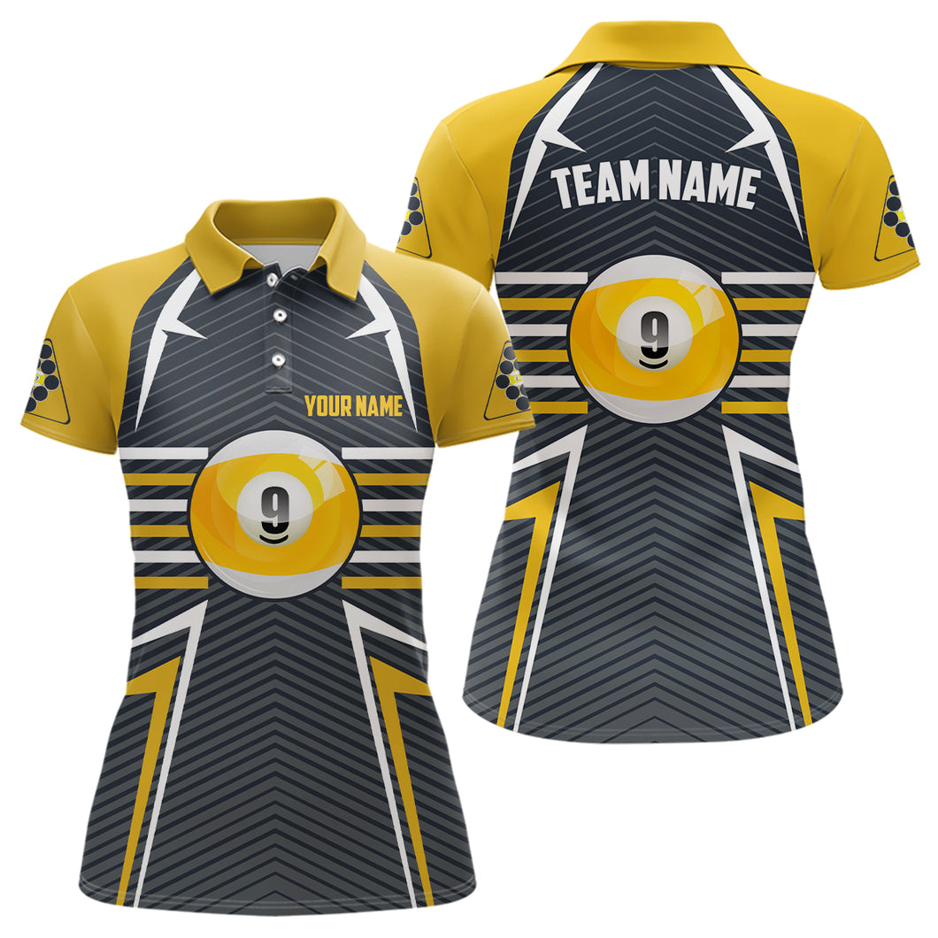 Personalized 9 Ball Pool Billiards Yellow Grey Polo Shirts For Women, Custom Pool Billiards Jerseys VHM0461