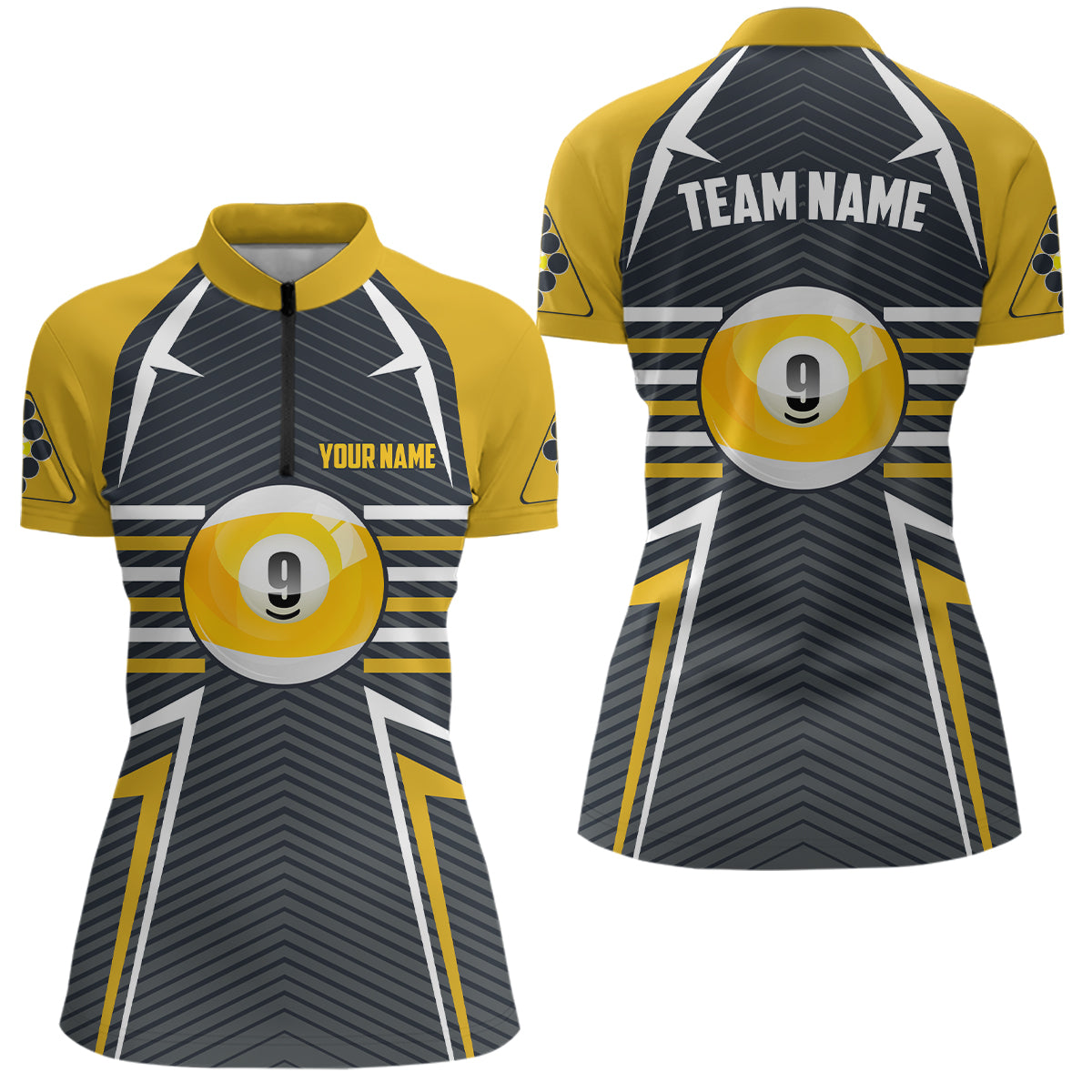 Personalized 9 Ball Pool Yellow Grey Billiards Quarter-Zip Shirts For Women, Pool Billiards Jerseys VHM0461