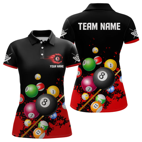 Personalized 8 Ball Billiard Red 3D Polo Shirts For Women, Custom Name Billiard Pool Team Jerseys VHM0224
