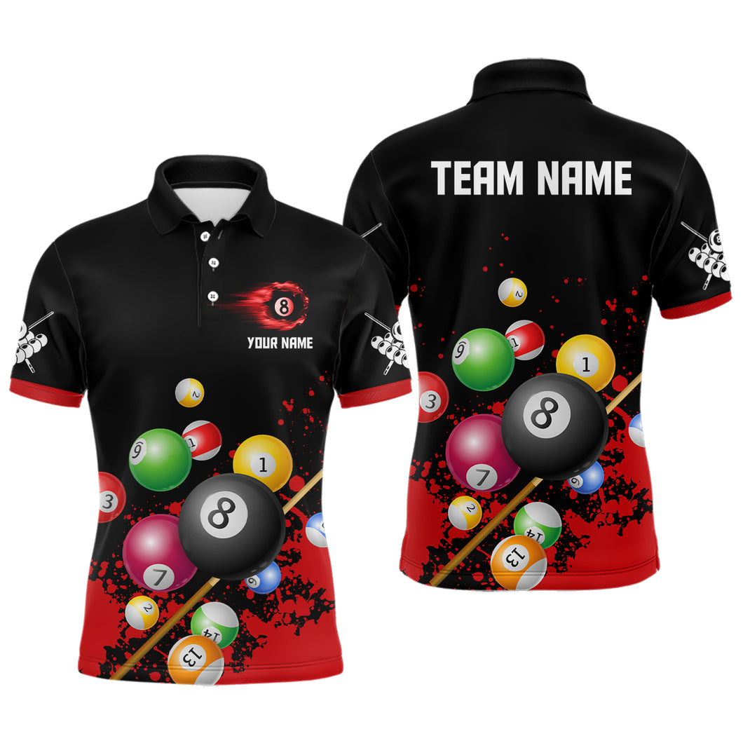 Personalized 8 Ball Billiard Red 3D Polo Shirts For Men, Custom Name Billiard Pool Team Jerseys VHM0224