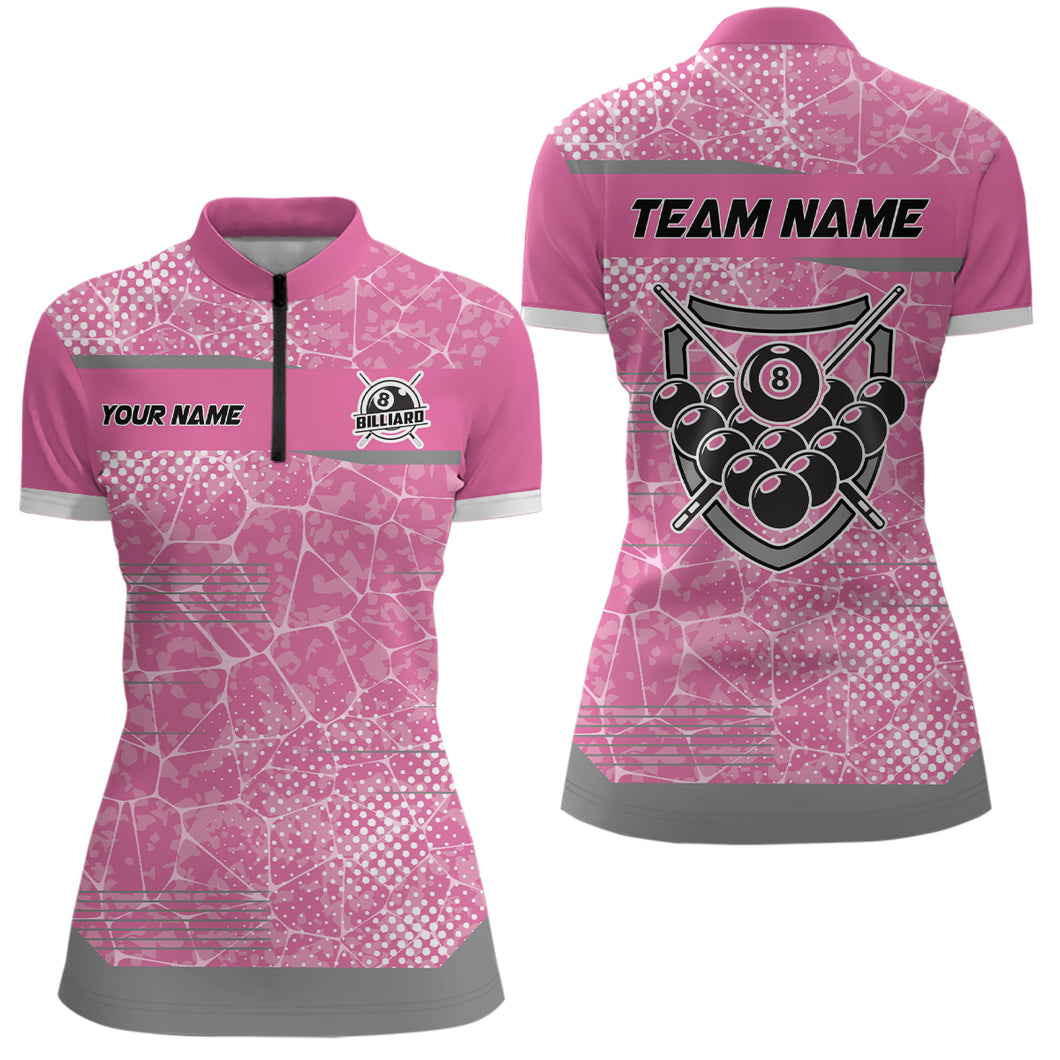 Personalized Pink Grey 8 Ball Billiard Quarter-Zip Shirts For Women, Custom Billiard Balls Jerseys VHM0811