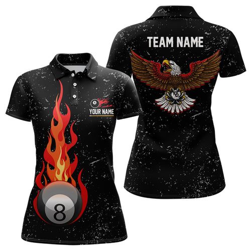 Personalized Grunge Black Flame 8 Ball Pool Polo Shirts For Women, Custom Eagle Billiard 8 Ball Shirt VHM0812