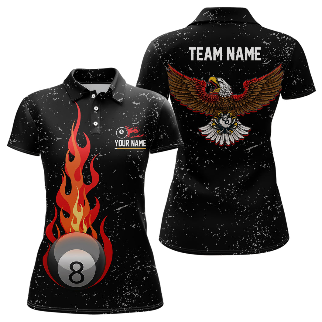 Personalized Grunge Black Flame 8 Ball Pool Polo Shirts For Women, Custom Eagle Billiard 8 Ball Shirt VHM0812