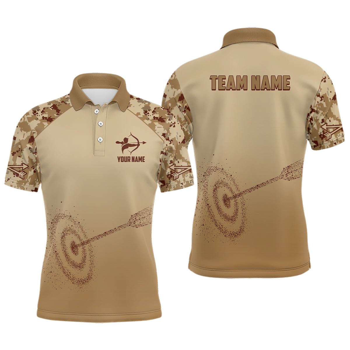 Personalized Light Brown Camo 3D Target Archery Polo Shirts For Men, Custom Archery Team Shirts VHM0687