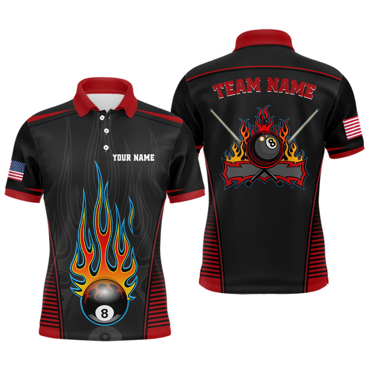 Personalized Red Black Fire 8 Ball Pool Polo Shirts For Men, Custom US Flag Billiard 8 Ball Shirts VHM0816
