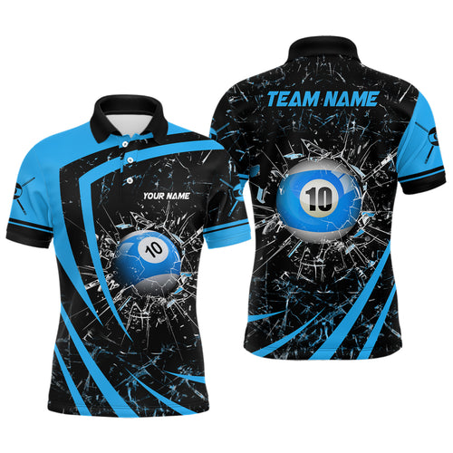 Personalized Blue Glass Break 10 Ball Billiard 3D Polo Shirts For Men, Custom 10 Ball Pool Jerseys VHM1169