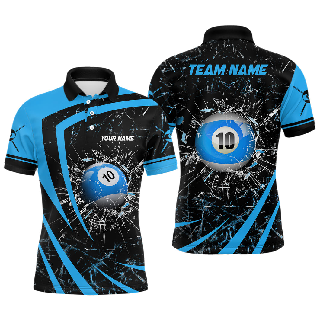 Personalized Blue Glass Break 10 Ball Billiard 3D Polo Shirts For Men, Custom 10 Ball Pool Jerseys VHM1169