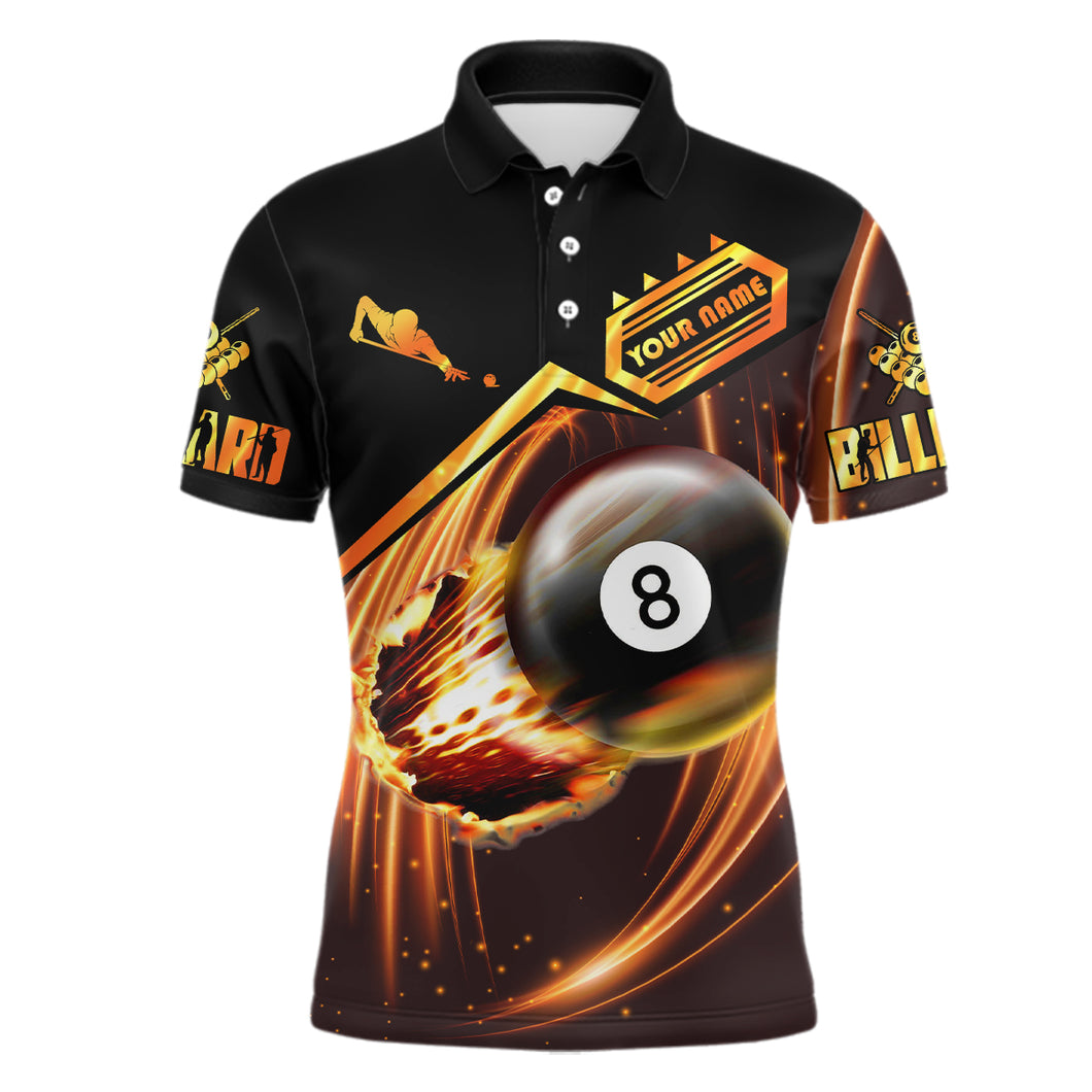 Personalized Ball 8 Fire Billiard 3D Polo Shirts For Men, Custom Name Billiard Player Jerseys VHM0243