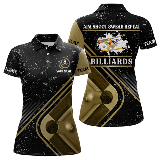 Billiard Aim Shoot Swear Repeat Custom Billiard Black Grunge Polo Shirts For Women, Billiard Jerseys VHM0487