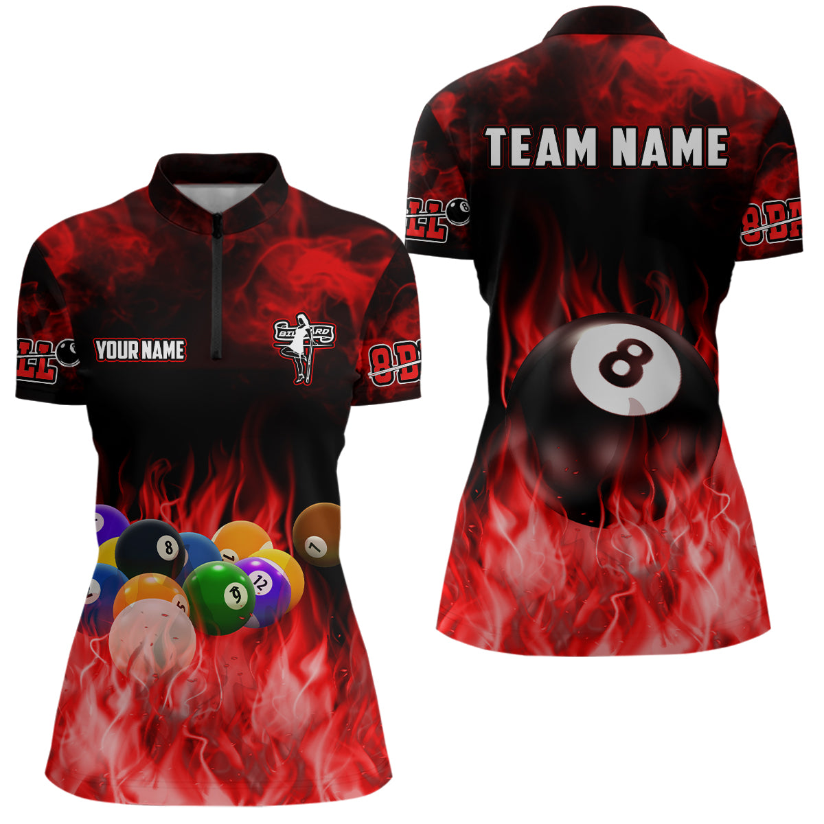 Personalized Billiard Balls Flame Billiard Red 3D Quarter-Zip Shirts For Women, 8 Ball Pool Jerseys VHM0491