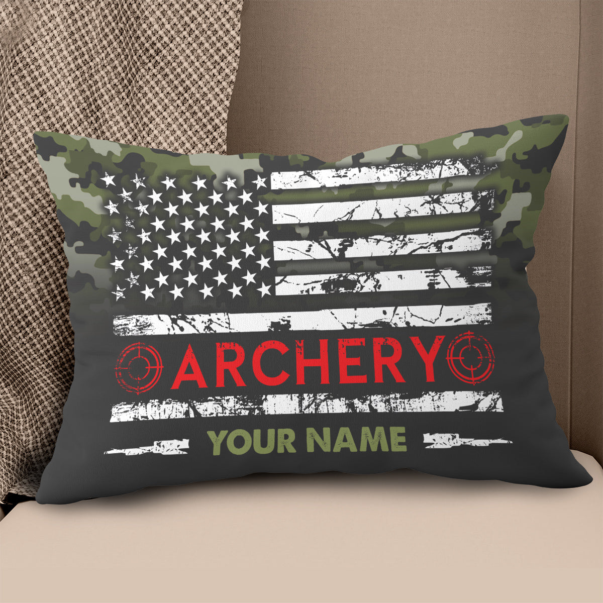 Personalized Green Camouflage US Flag Archery Pillows Best Archery Gifts VHM0849