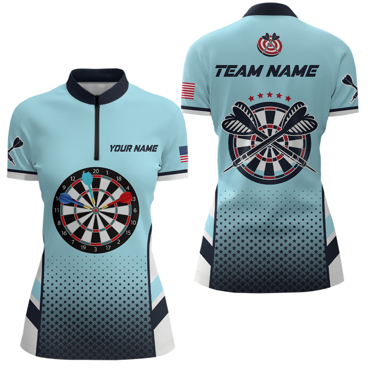 Personalized Blue American Flag Darts Quarter-Zip Shirts, Dart Shirts For Women Dart Team Jerseys VHM1110
