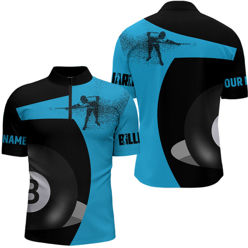 Personalized Customized 3D Funny Billiard Player 8 Ball Pool Blue Black Quarter-Zip Shirts For Men VHM0511