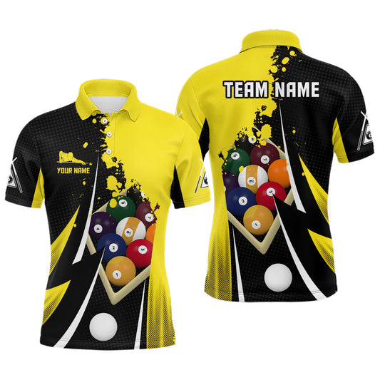 Personalized 9 Ball Pool Billiard Balls 3D Black Yellow Polo Shirts For Men, 9 Ball Billiard Shirts VHM0514