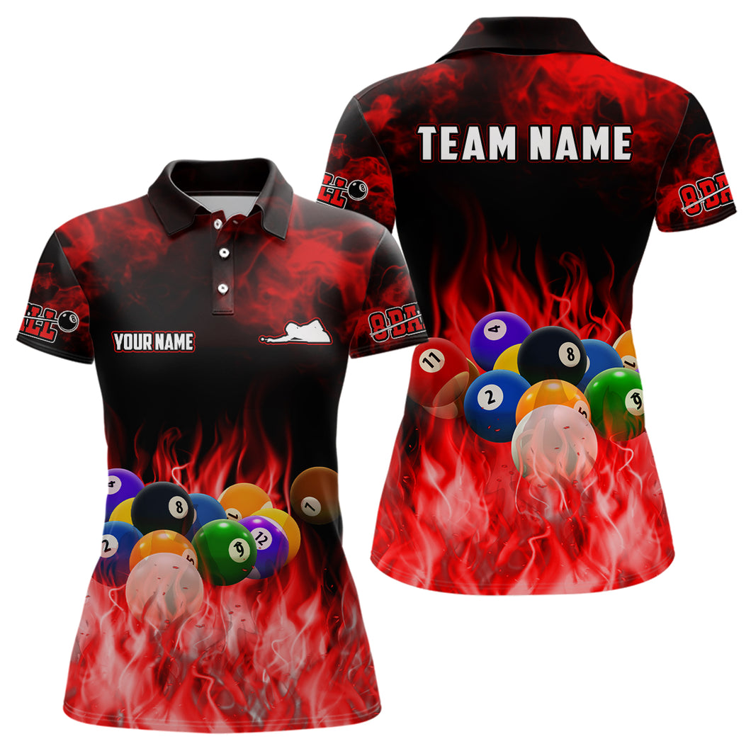 Personalized Billiard Balls Flame Billiard Red 3D Polo Shirts For Women, Custom 8 Ball Pool Jerseys  VHM0517