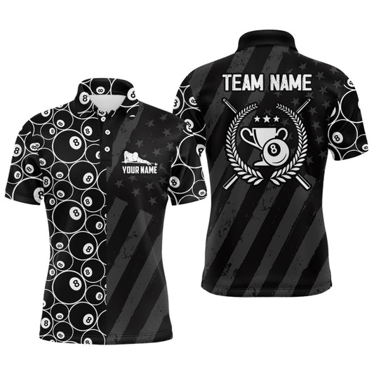 Personalized US Flag 8 Ball Billiard 3D Polo Shirts For Men, Billiard 8 Ball Trophy Emblem Jerseys VHM0076