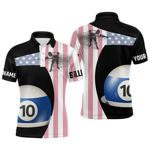 Personalzied American Flag 10 Ball Billiard 3D Polo Shirts For Men, Custom 10 Ball Pool Jerseys VHM0959