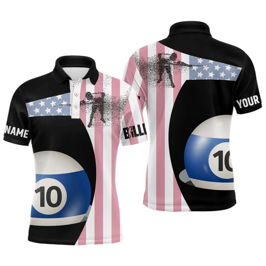 Personalzied American Flag 10 Ball Billiard 3D Polo Shirts For Men, Custom 10 Ball Pool Jerseys VHM0959