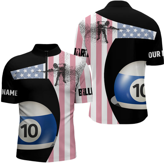 Personalzied American Flag 10 Ball Billiard 3D Quarter-Zip Shirts For Women, 10 Ball Pool Jerseys VHM0959