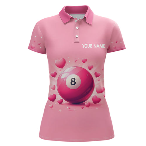 Personalized Pink Valentine 8 Ball Billiard 3D Polo Shirts For Women, Custom Billiard Valentine Gifts VHM0963