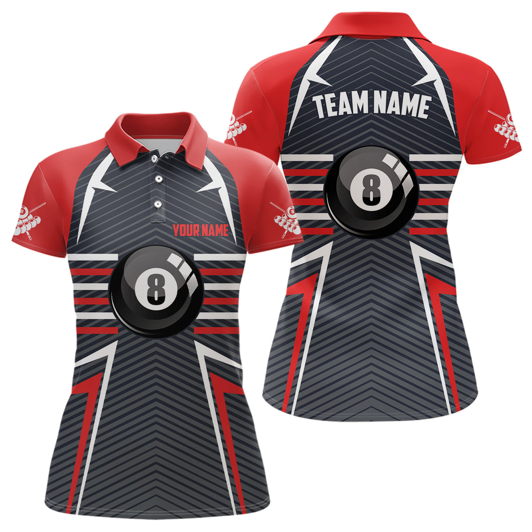 Personalized 8 Ball Billiards Red Grey Polo Shirts For Women, Custom Name Pool Billiard Jerseys VHM0291
