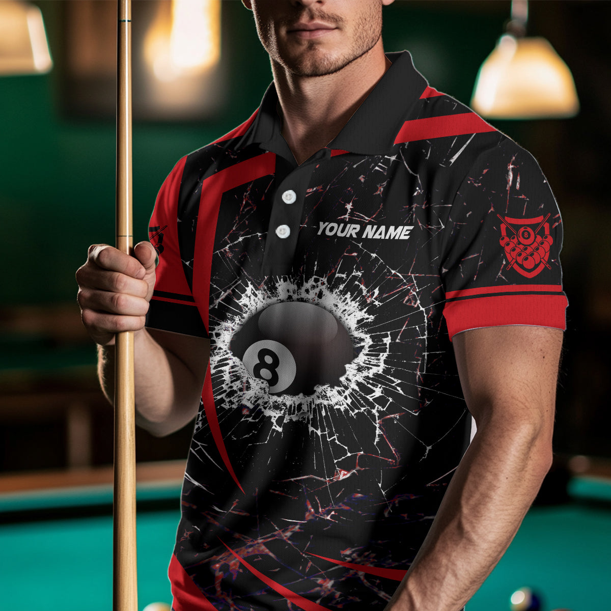 Personalized Red Glass Break 8 Ball Billiard 3D Polo Shirts For Men, Custom 8 Ball Pool Jerseys VHM0973