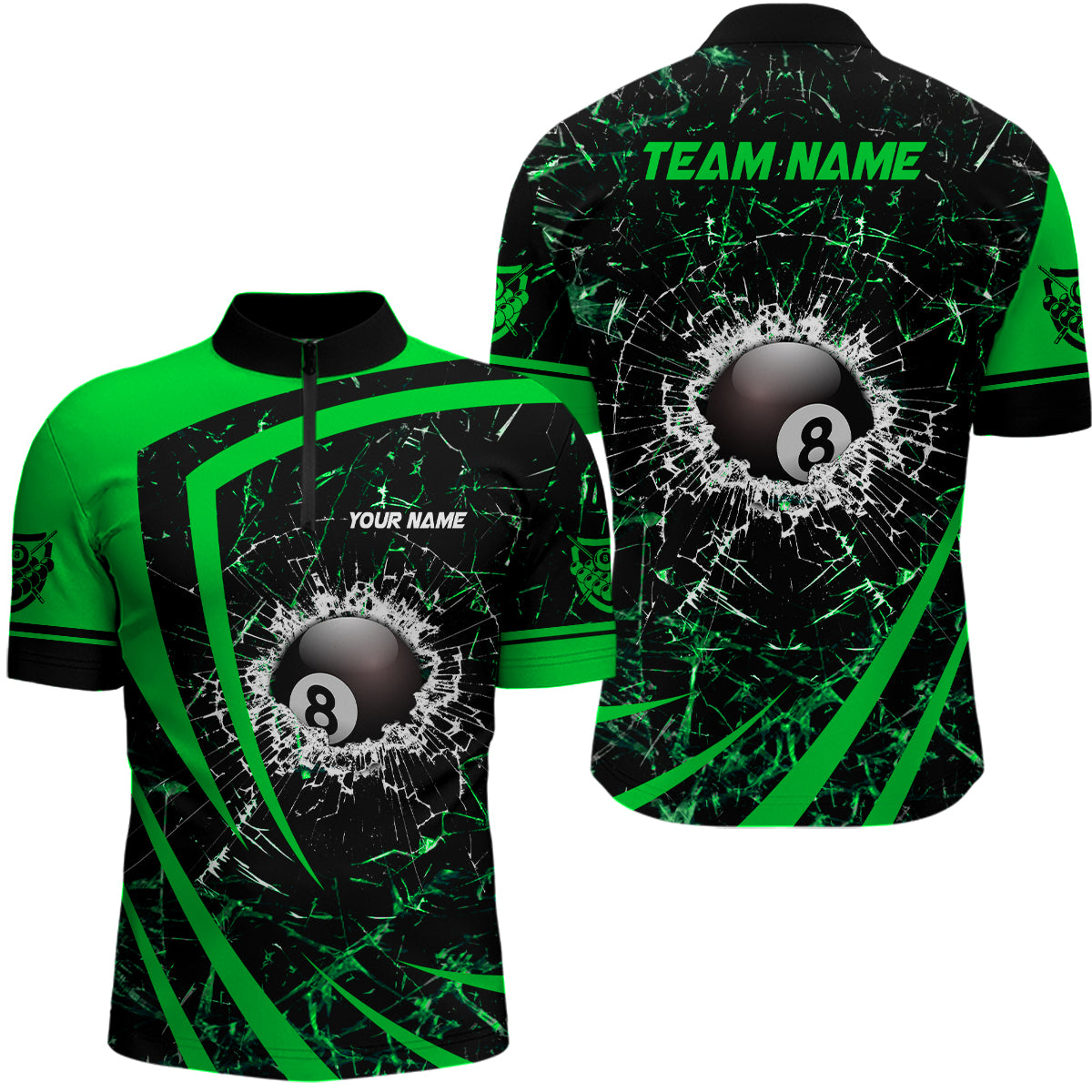 Personalized Green Glass Break 8 Ball Billiard 3D Quarter-Zip Shirts For Men, 8 Ball Pool Jerseys VHM0974