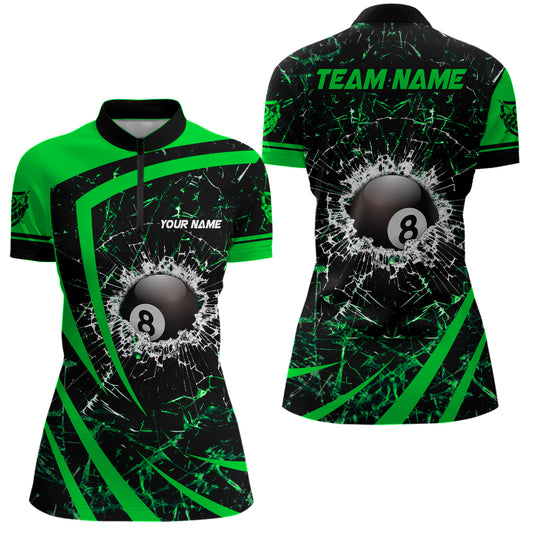 Personalized Green Glass Break 8 Ball Billiard 3D Quarter-Zip Shirts For Women, 8 Ball Pool Jerseys VHM0974