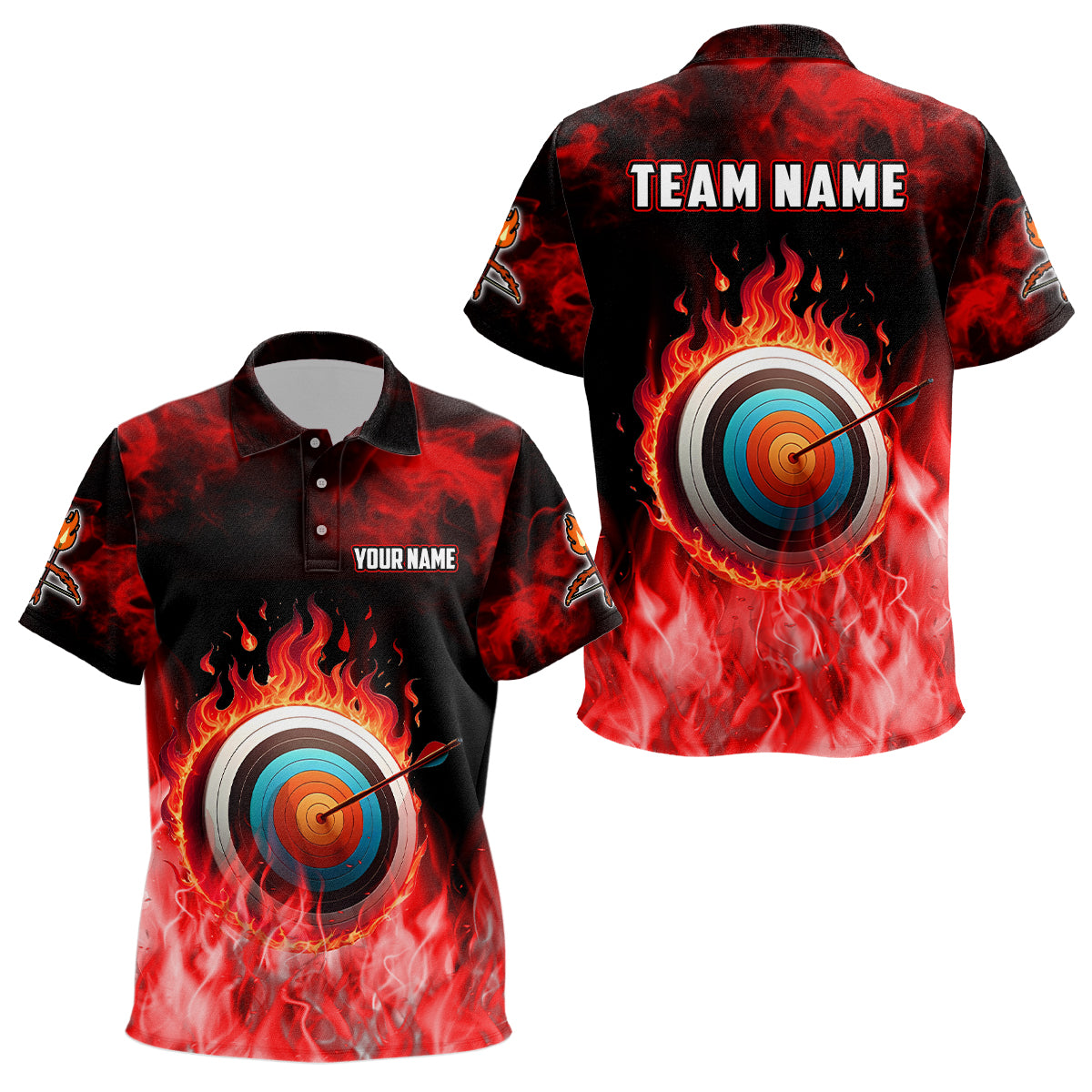 Personalized Red Flaming Target Archery 3D Polo Shirts For Kids, Fire Bow And Arrow Archery Jerseys VHM0987