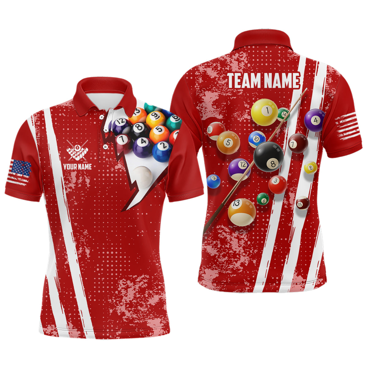 Personalized Pool Player 8 Ball Pool Red Billiards Polo Shirts For Men, US Flag Billiard Jerseys VHM0550