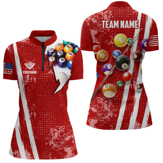 Personalized 8 Ball Pool Player Red Billiards Quarter-Zip Shirts For Women, US Flag Billiard Jerseys VHM0550