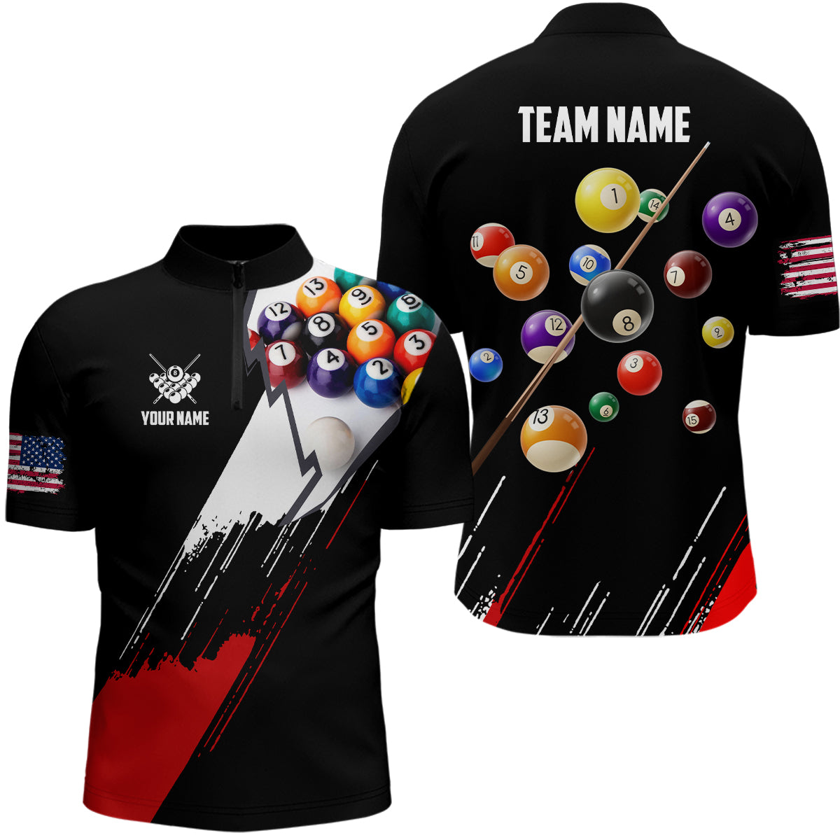 Personalized Pool Player 8 Ball Pool Billiard Quarter-Zip Shirts For Men, US Flag Billiard Jerseys VHM0551