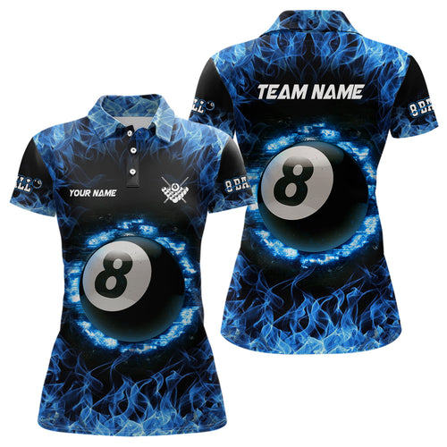 Personalized Blue Fire 8 Ball Pool Billiard 3D Polo Shirts For Women, Custom Billiards Jerseys VHM0558