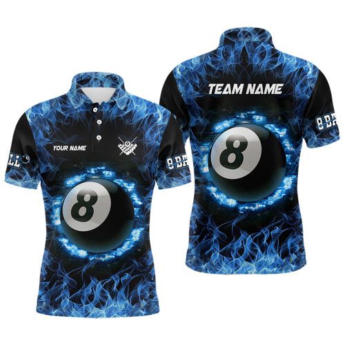 Personalized Blue Fire 8 Ball Pool Billiard 3D Polo Shirts For Men, Custom Billiards Jerseys VHM0558
