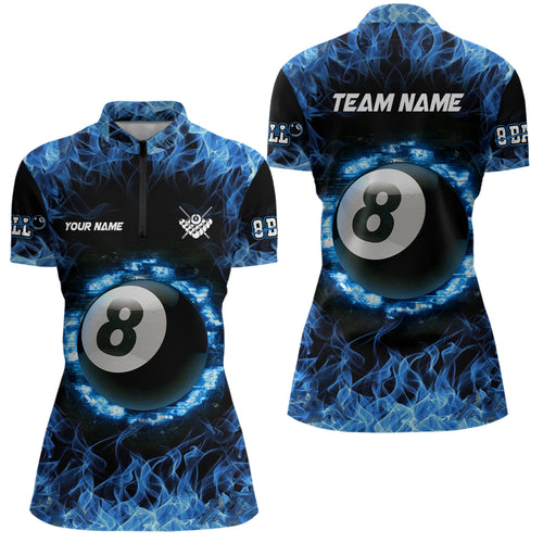 Personalized Blue Fire 8 Ball Pool Billiard 3D Quarter-Zip Shirts For Women, Custom Billiards Jerseys VHM0558