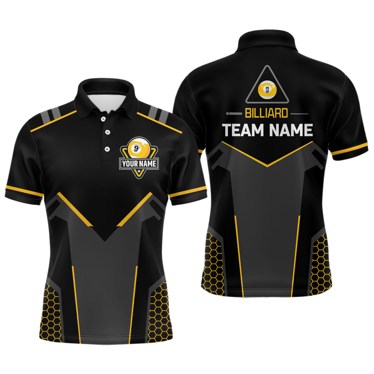 Personalized Style Black Yellow 9 Ball Billiard 3D Polo Shirts For Men, 9 Ball Pool Team Jerseys VHM1053