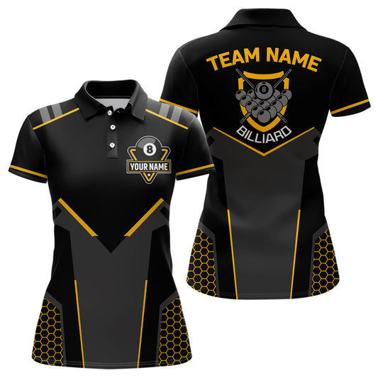 Personalized Style Black Yellow 8 Ball Billiard 3D Polo Shirts For Women, 8 Ball Pool Team Jerseys VHM1054