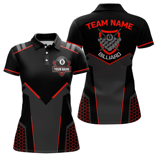 Personalized Style Black Red 8 Ball Billiard 3D Polo Shirts For Women, Custom 8 Ball Pool Team Shirts VHM1056