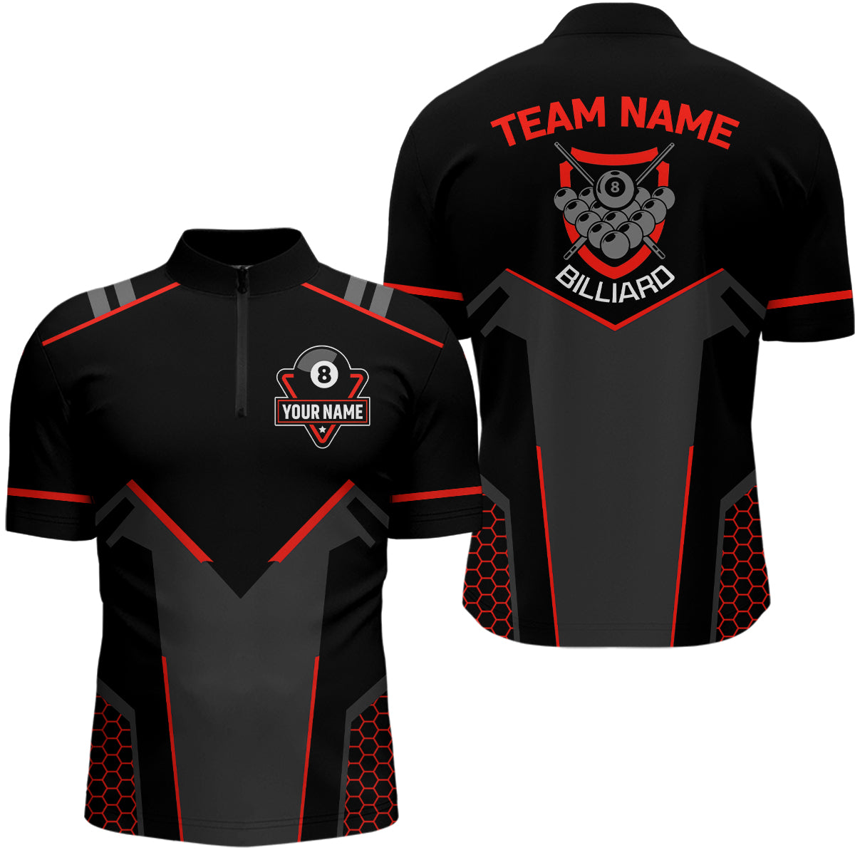 Personalized Style Black Red 8 Ball Billiard 3D Quarter-Zip Shirts For Men, 8 Ball Pool Team Shirts VHM1056