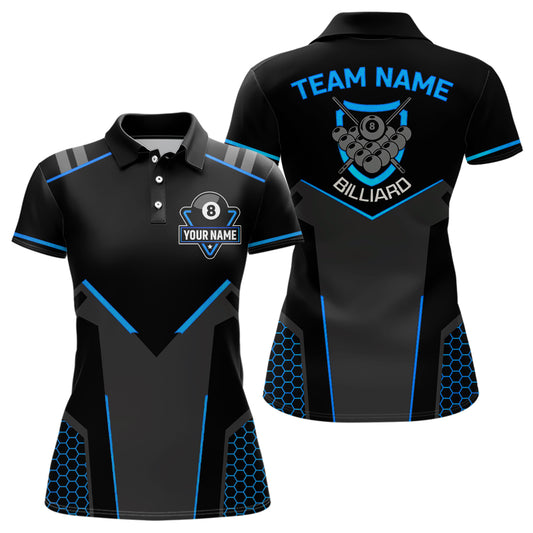Personalized Style Black Blue 8 Ball Billiard 3D Polo Shirts For Women, 8 Ball Pool Team Jerseys VHM1057